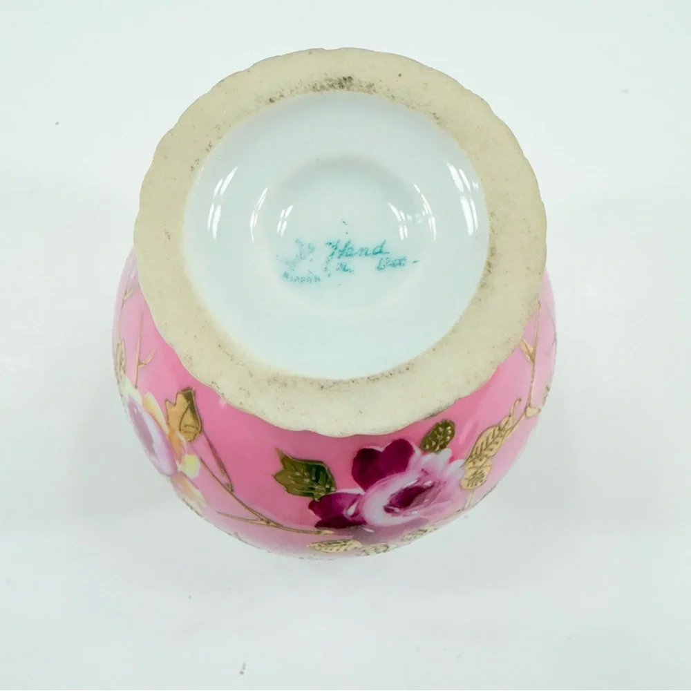 NIPPON Antique Old Mark Moriage Celadon‎ Art Nouveau Vase, Gold Pink Roses 5.75”